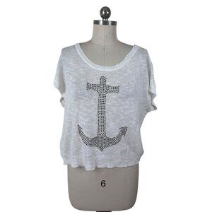 Ingni Knit Crochet Sweater Top Womens M-L White Embellished Sailor Chic Anchor